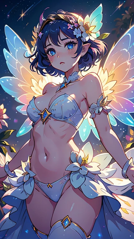 4k ultra hd, masterpiece, a girl, good face, detailed eyes, detailed lips, flower fairy girl, big wings, transparent wings, neon lights, magnificent background, white Transparent dress, undress, no underwear, bare waist, flower crown, starry sky background, divine light, attractive pose,