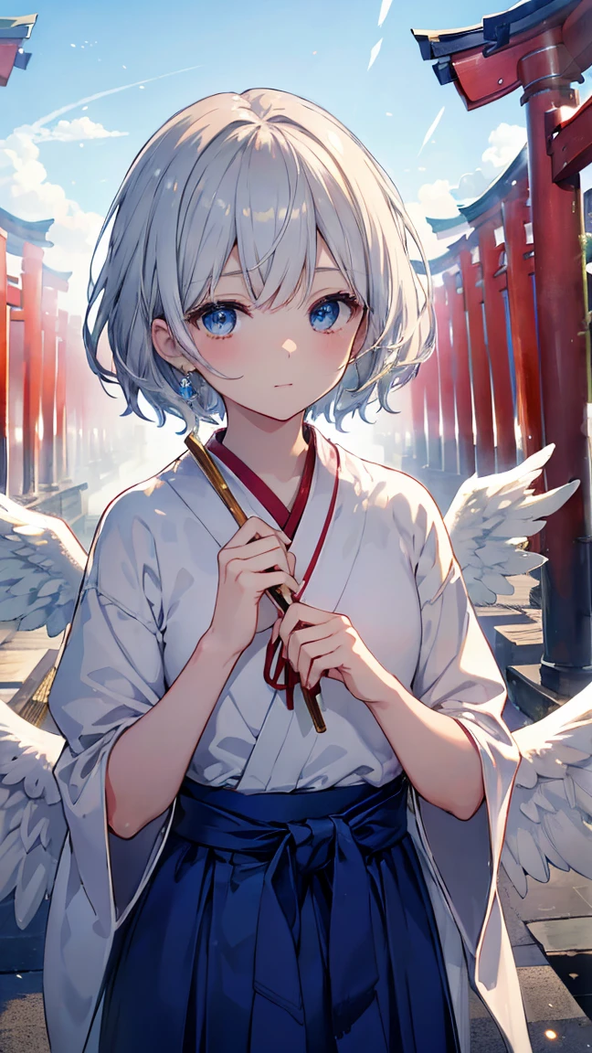 short hair、gold and silver hair、Twinkling eyes、blue eyes、Three pairs of angel wings、Embarrassing、shine、reflected light、Film Grain、masterpiece、Textured skin、Super Detail、High Detail、high quality、最high quality、High resolution,shrine,blue sky,torii,Scarlet Hakama,Shrine maiden