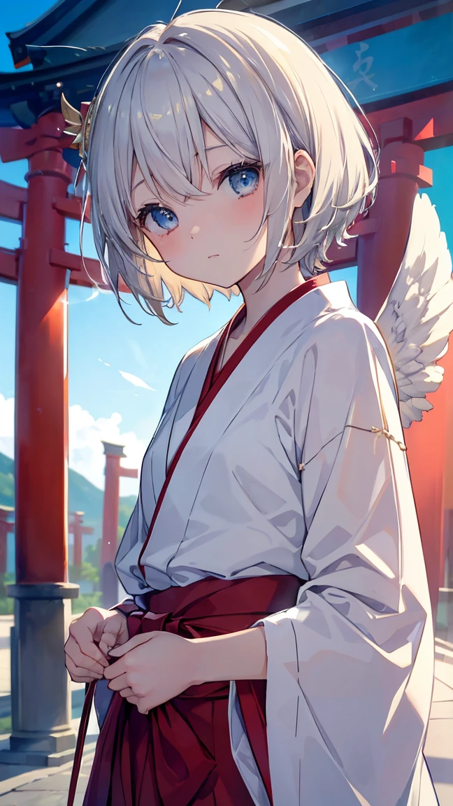 short hair、gold and silver hair、Twinkling eyes、blue eyes、Three pairs of angel wings、Embarrassing、shine、reflected light、Film Grain、masterpiece、Textured skin、Super Detail、High Detail、high quality、最high quality、High resolution,shrine,blue sky,torii,Scarlet Hakama,Shrine maiden