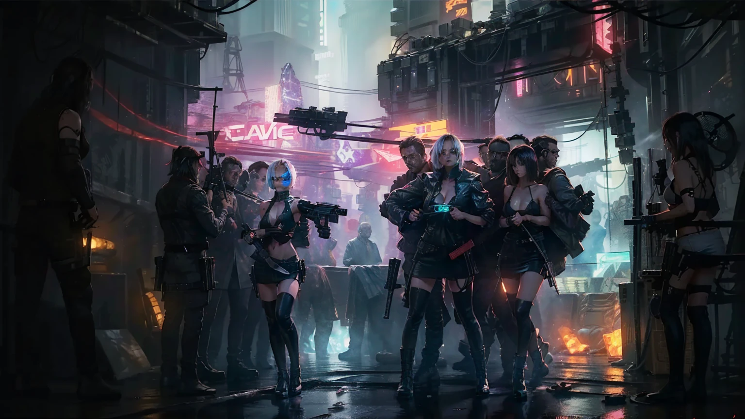 Close-up, a beautiful French woman, tattered clothes, wild long hair, tattered clothes , cleaveage, action movie scene, Dystopian Dinner Cinematic Blade Runner, natta, busy with neon signs, blade runner aesthetics, film cinematography, gangue trash, attractive person, High emphasis on detail, wearing weather technology equipment, gangue trash, full of life, gangue trash, action movie shot by Kon Satoshi, style semi impasto, dark ink, Atmospheric, Ablaze, lighting dramatic, Beautiful eyes, symmetric eyes, perfects eyes. Matrix style, (((Matrix cascading code))), (((a futuristic twin tower skyscraper with a unique twisted design))), (((OLED GUI interfaces in the building))), at night, (((((((1girl, alone, solo))))))), photo realistic, (((((((large-breast:1.2 slim body, cleavage:1.4))))))), (((((off broken mini sling-shirt and black sling bra, extreamly short pleated miniskirt exposing panty))))), (((((running pose))))), (((((((matrix style black micro sunglasses))))))), ((((((((((aiming with a short gun)))))))))), (((((looking at camera))))), (((very low view))), (((((half-body thigh level medium shot))))), (((cinematic lighting))).