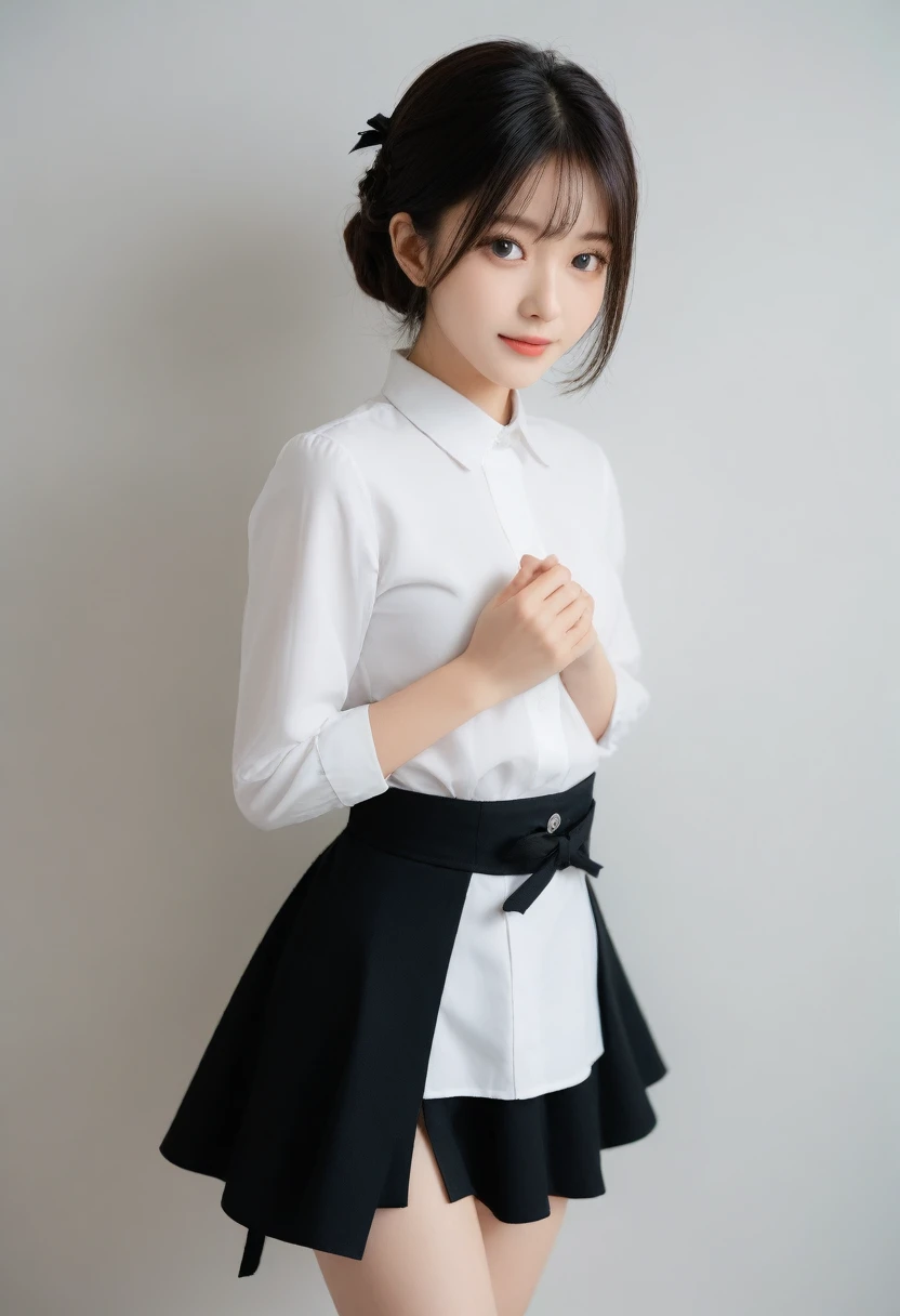 8K, Ultra-high resolution, Highest quality, masterpiece, 三分割法によるphotograph,Surreal, photograph, 1 girl, (16 years old:1.3), pretty girl, Cute face, Beautiful eyes in every detail, 細かくdetailedに,masterpiece,, One Girl:1.2, Japan Female Announcer,whole body,Young Wife,((Bondage and Gothic Lolita)),Pencil Skirt、Random pose,sexly,A carefree smile,Healing the heart,short hair,Looking at the audience、beauty,Long neck、Laugh a little、Please close your mouth and laugh、(((Ideal body type))),A-cup small breasts :2,、Portraiture:2、Perfect Anatomy、鮮明なdetailed、detailed、Surreal、Light and shadow,Strong light