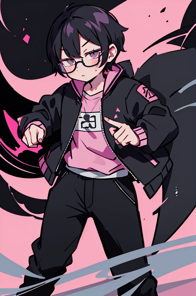 black pants, Sharp image, man, Black hair with pink ends, wearing a pink jacket. , has a dull, bored face, wears round glasses, has short, neat hair,