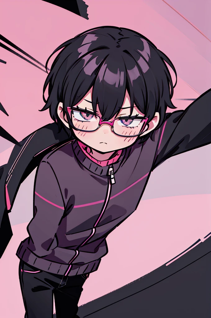 black pants, Sharp image, man, Black hair with pink ends, wearing a pink jacket. , has a dull, bored face, wears round glasses, has short, neat hair,