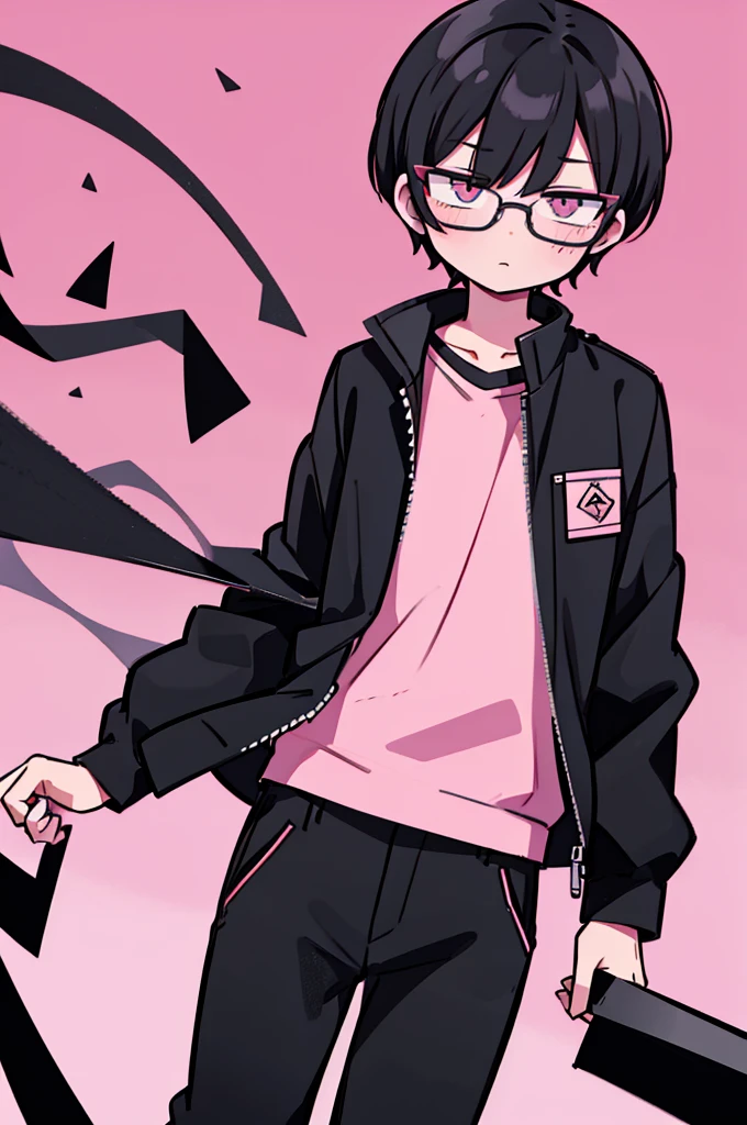 black pants, Sharp image, man, Black hair with pink ends, wearing a pink jacket. , has a dull, bored face, wears round glasses, has short, neat hair,
