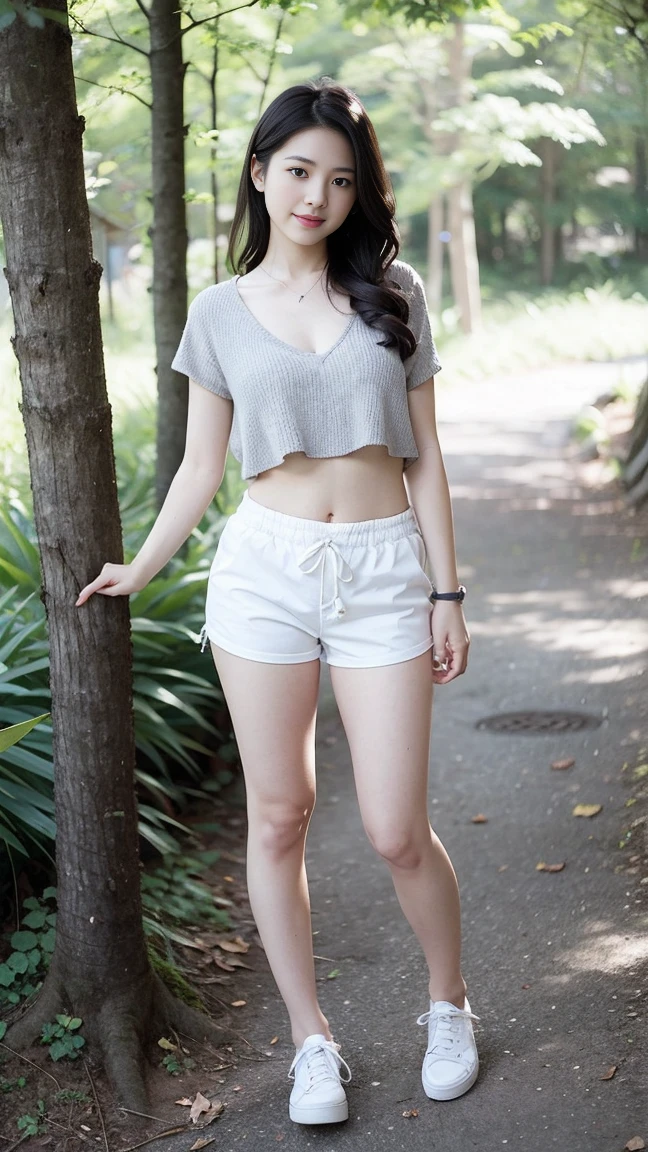 masterpiece, best quality, Surreal, Ultra Detailed, 8k resolution, RAW photos, Clear focus, (A girl in the forest),Asian woman in a blue top and white shorts posing for a photo,Breast augmentation， Full body posture, Solitary, Perfect body, Become a, 32 inches in the chest,(a charming smile:1), (sexy pose)，26 years old, light,White shoes，Nozomi Takemura, Oka Yasumoto, Chiho, Ogata Aoi, Motto Cave, Yoshitomo Nara, Kakinuchi Megumi, Harumi, Kojima De Ami, Beichuan Marin