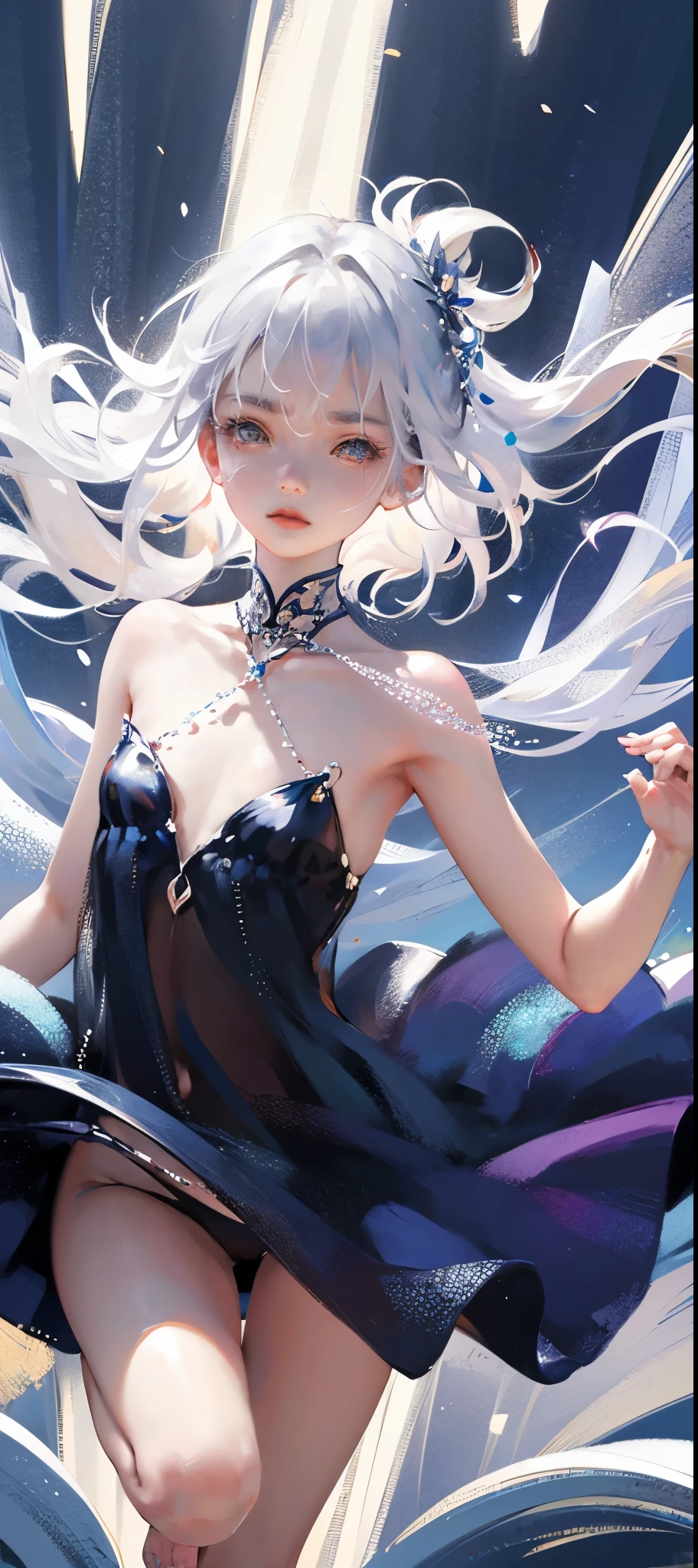 A girl、symmetry,Daughter,whole body 女恋,Put your hands together and bloom,(Very detailed:1.1),((small :1.2))、The eyes are well drawn、Charming eyes、Double tail、Wear jewelry and pearls around your neck,Transparent openwork、Deep V、Crystal Pearls、在Wear jewelry and pearls around your neck,white hair, show your thighs, Bare shoulders, Show clavicle, Yao Liu, barefoot,((whole body))、painful posture