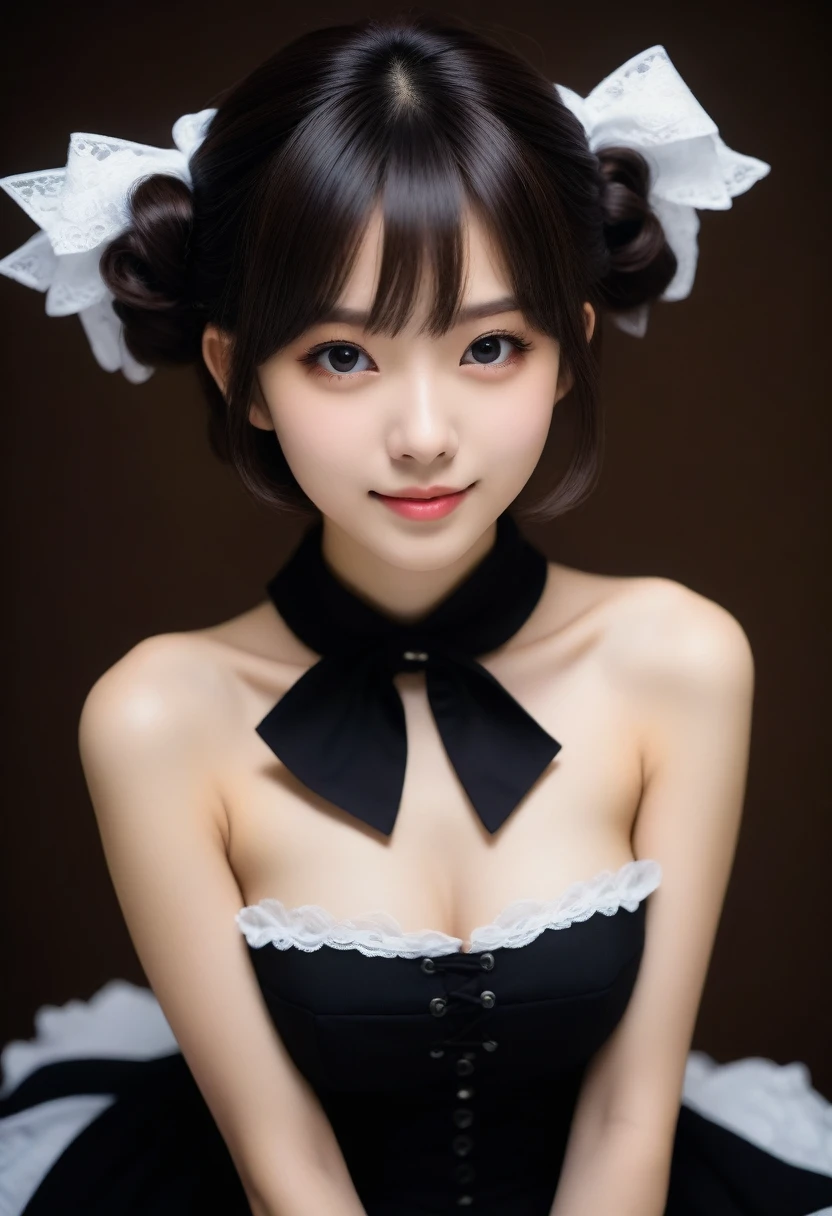 8K, Ultra-high resolution, Highest quality, masterpiece, 三分割法によるphotograph,Surreal, photograph, 1 girl, (16 years old:1.3), pretty girl, Cute face, Beautiful eyes in every detail, 細かくdetailedに,masterpiece,, One Girl:1.2, Japan Female Announcer,whole body,Young Wife,((Bondage and Gothic Lolita)),Pencil Skirt、Random pose,sexly,A carefree smile,Healing the heart,short hair,Looking at the audience、beauty,Long neck、Laugh a little、Please close your mouth and laugh、(((Ideal body type))),A-cup small breasts :2,、Portraiture:2、Perfect Anatomy、鮮明なdetailed、detailed、Surreal、Light and shadow,Strong light