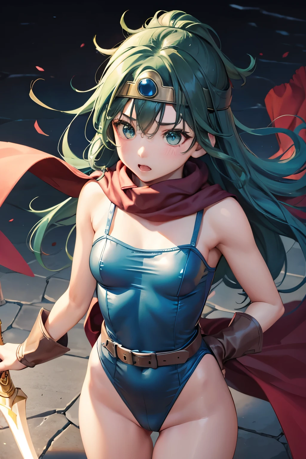 (((SFW、sound、Highest quality、first-class、masterpiece、Normal body、8K、Detailed face、Ultra-precision、Normal hand、Normal finger、5Finger、Highest)))、beautiful girl、Green Hair、Small breasts、Shortcuts、Blue high-leg retard、Racy leotard、Thin leotard、Sheer leotard、Bite、No sleeve、Waist belt、Red cloak、Circlet、Legendary Sword、DRAGON QUEST、Female Hero、In combat、Combat Ready、Lightning Slash、incantation、Gigadein、Thunder Magic、Spread your legs wide、defeat wish、Immoral、masochist、blush、Trance、Falling on your butt