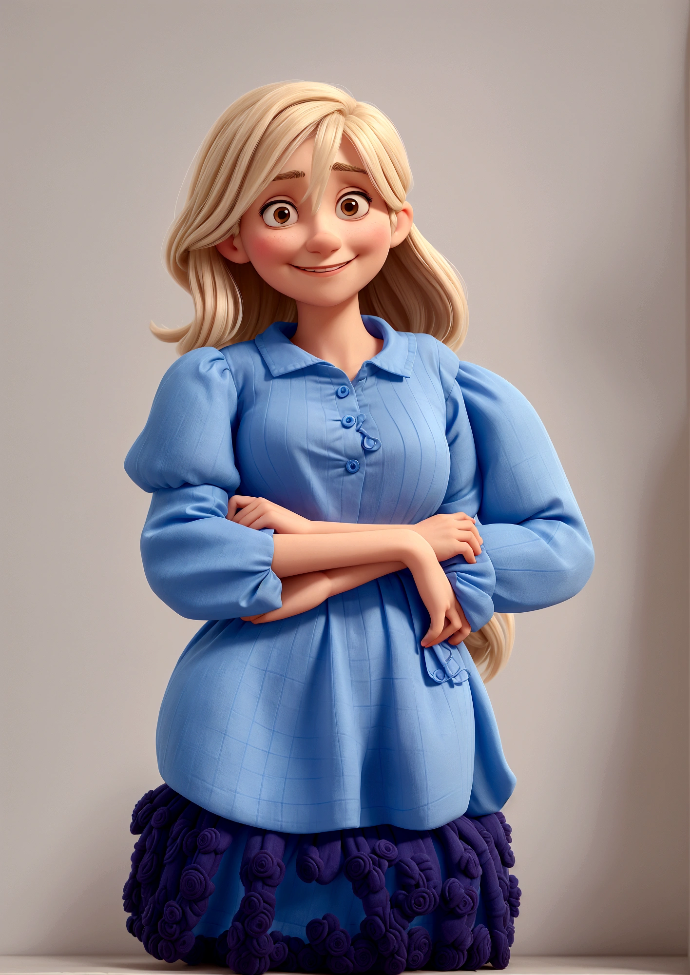 Woman wearing a blue blouse and arms crossed, Grinning, has small eyes and shoulder-length hair