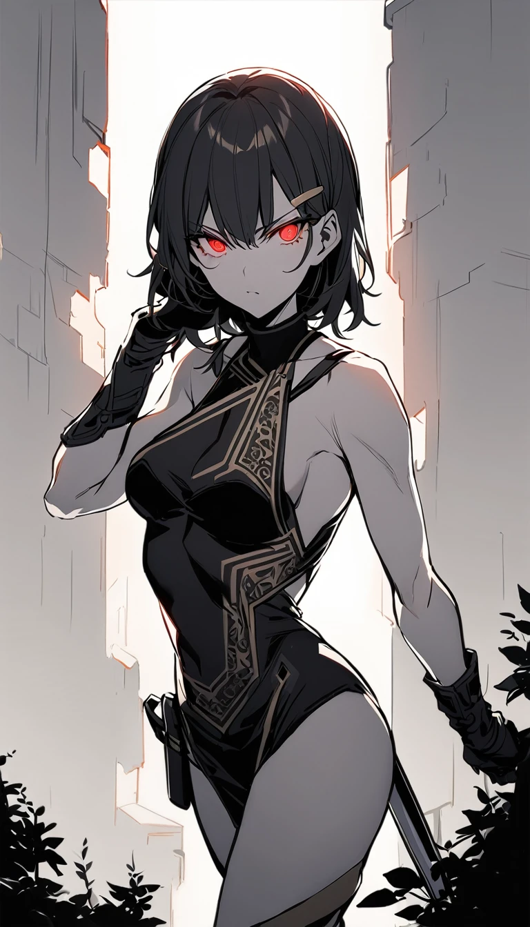 1 Girl, Jorfogel \(Spy Game\), Spy Game,  solo, Long black hair, blonde hair clips, Red Eyes, Serious expression, Black bodycon dress with straps, Gloves, Holding a dagger, Left hand on hip, 右手Holding a dagger朝下, Standing posture, Confident body language, White background，Anime style，High contrast，Fine lines，Soft lighting，Sexy body，Intricate clothing and hairpin details，Glowing eyes, masterpiece, best quality