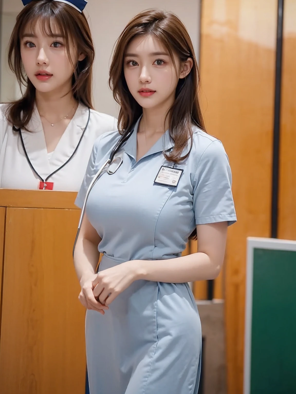 (ultimate beautiful wife)、16 years old、Ultra-detailed face、Detailed lips、(Big eyes:1.4)、double eyelid、Brunette long hair、(Shy expression)、(White teeth)、(lips are parted)、((Wearing a nurse's uniform:1.4))、((Large Breasts))、Thighs, thighs, thighs、(Cowboy Shot:1.3)、Perfect fit、Depth of written boundary、Perfect Image Realism、background:(subway))、細心の注意を払ったbackground、Detailed costume、 Perfect lighting、Hyperrealism、Photorealism、Maximum resolution 8K、(masterpiece)、Very detailed、professional