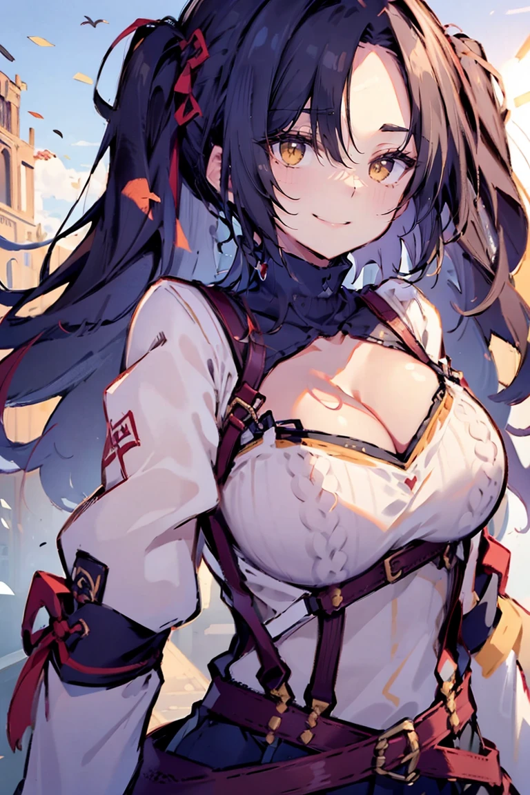 (masterpiece:1.2), (high quality:1.2), (hui xiyi:0.75), rekkyo sensen, rekkyou sensen, girls with((black hair, (tits cleavage:1.15), (breasts close up:1.15), (suspenders:1.2), (dress:1.05), (belts:1.2), (white knit sweater:1.2), exposed breasts, straps, (cross:1.05), (long wavy hair:1.35), (one side up:1.2), nun)), background with((fantasy world, ruin, castle, beautiful sky, shining sky, sunshine))