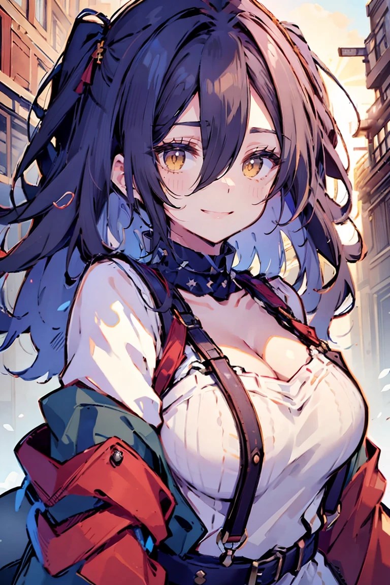 (masterpiece:1.2), (high quality:1.2), (hui xiyi:0.75), rekkyo sensen, rekkyou sensen, girls with((black hair, (tits cleavage:1.15), (breasts close up:1.15), (suspenders:1.2), (dress:1.05), (belts:1.2), (white knit sweater:1.2), exposed breasts, straps, (cross:1.05), (long wavy hair:1.35), (one side up:1.2), nun)), background with((fantasy world, ruin, castle, beautiful sky, shining sky, sunshine))