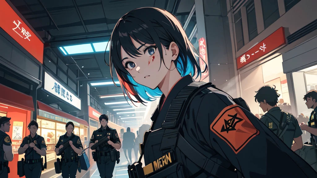 a group of people - showcasing a closeup Mall security guards with guns drawn, looking confused and unsure.colorful flat illustration classical animes, Cinematic, high-definition flat anime-style illustration inside of Blood splatters against the walls, creating a nightmarish scene in a crowded shopping mall. A dynamic sequence draw art style influenced by japanese artists, niji, black outlines, ultra-detailed, 8k, dramatic lighting, cinematic, highly detailed face, elegant, intricate details, vibrant colors, dramatic shadows, hyper-realistic, masterpiece,