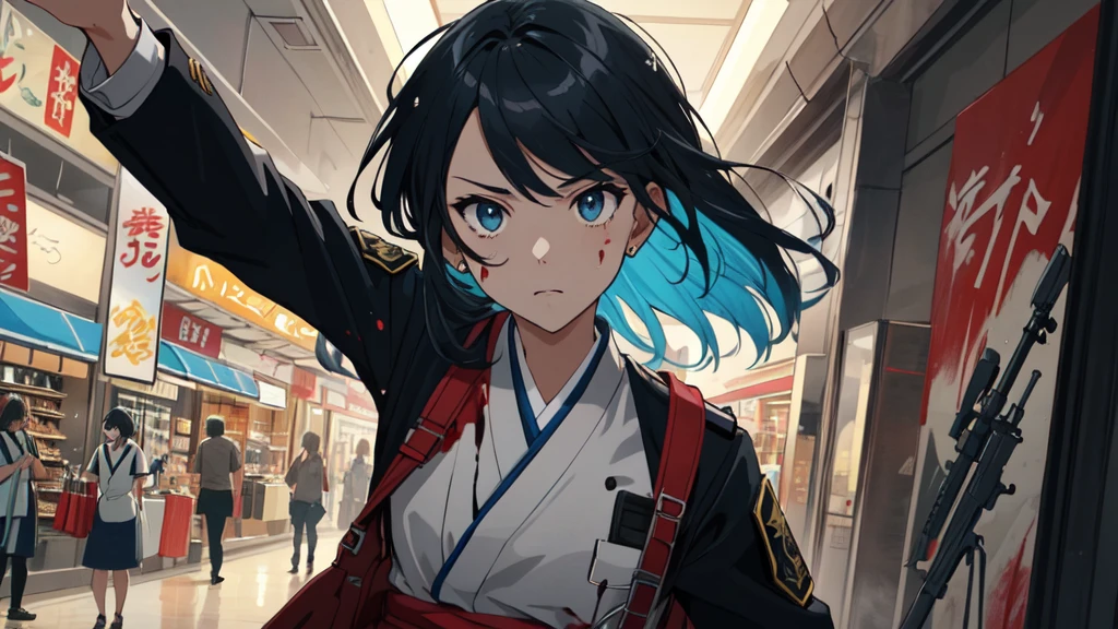 a group of people - showcasing a closeup Mall security guards with guns drawn, looking confused and unsure.colorful flat illustration classical animes, Cinematic, high-definition flat anime-style illustration inside of Blood splatters against the walls, creating a nightmarish scene in a crowded shopping mall. A dynamic sequence draw art style influenced by japanese artists, niji, black outlines, ultra-detailed, 8k, dramatic lighting, cinematic, highly detailed face, elegant, intricate details, vibrant colors, dramatic shadows, hyper-realistic, masterpiece,