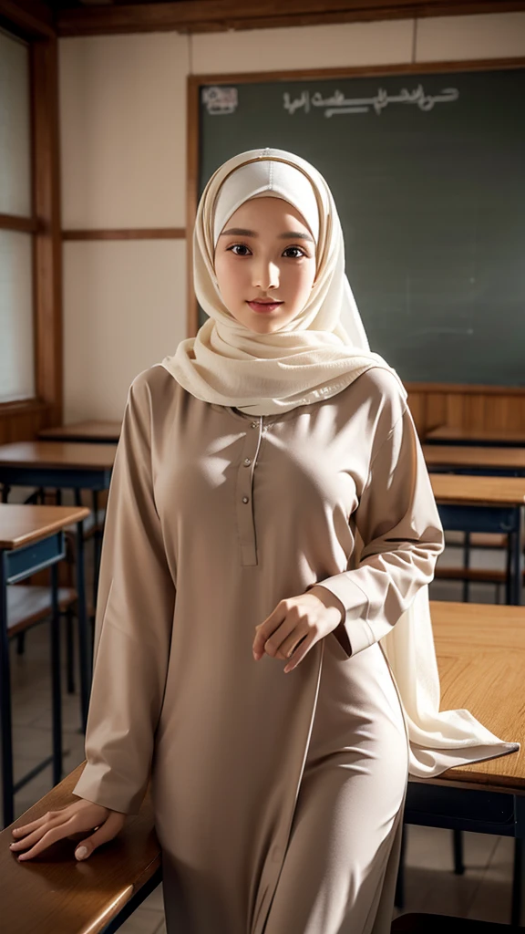 ((masterpiece)), super detailed, highly detailed, 16k, high resolution, ((turkish girl hijab)), ((long hijab, close hijab)), fit body, perfect eyes, busty pale skin, fair skin, perfect skin, ((indoor)), at day, ultra-delicate face, delicate eyes, double eyelids, half smile, Realistic, beautiful and delicate photo,heterosexual, braless, standing, ((classroom)), naughty expression, sit on table pose, front view, ((indonesian high school uniform)),,muslim clothes