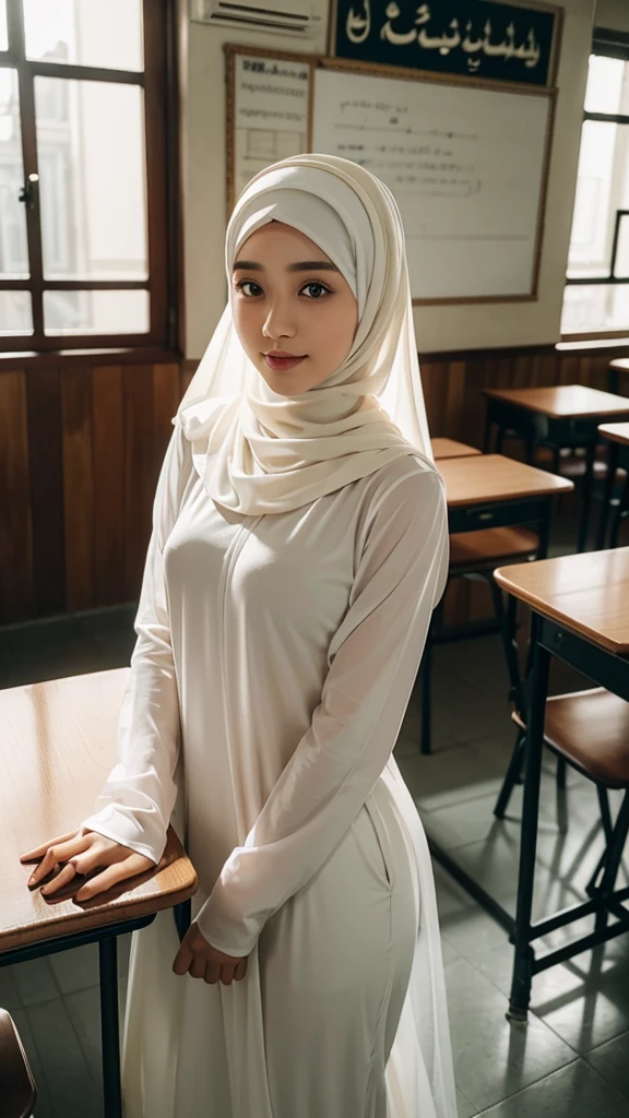((masterpiece)), super detailed, highly detailed, 16k, high resolution, ((turkish girl hijab)), ((long hijab, close hijab)), fit body, perfect eyes, busty pale skin, fair skin, perfect skin, ((indoor)), at day, ultra-delicate face, delicate eyes, double eyelids, half smile, Realistic, beautiful and delicate photo,heterosexual, braless, standing, ((classroom)), naughty expression, sit on table pose, front view, ((indonesian high school uniform)),,muslim clothes