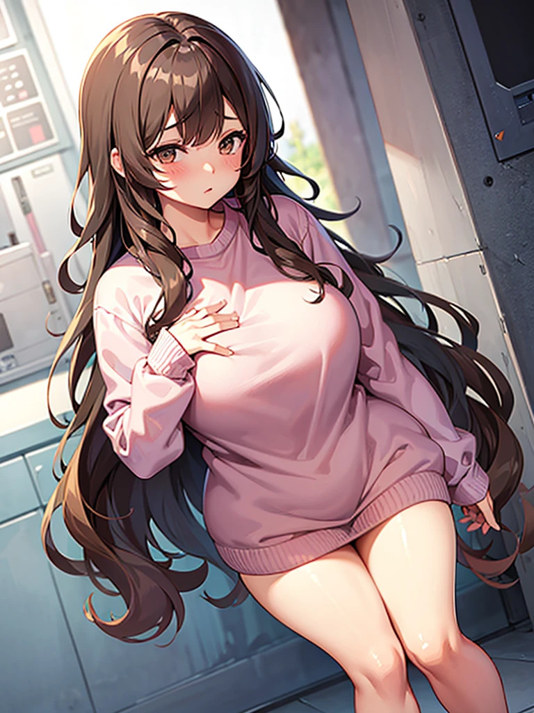 Anime girl, shy, thick, curvy, long curly brown hair with bangs, brown eyes, pastel pink outfit aesthetic 