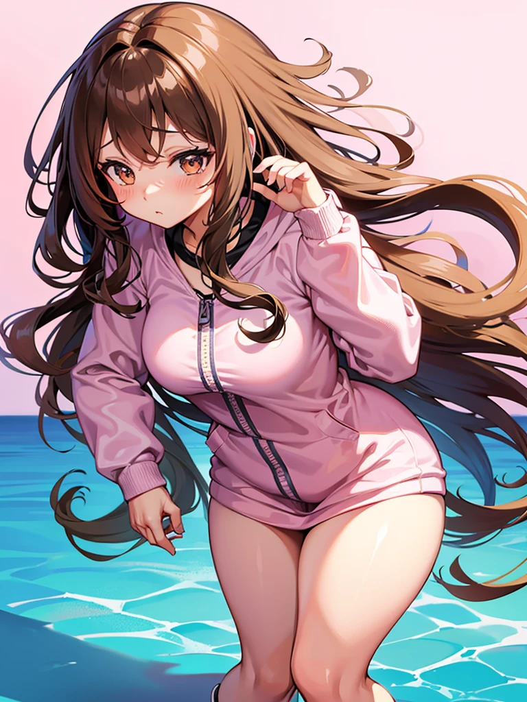 Anime girl, shy, thick, curvy, long curly brown hair with bangs, brown eyes, pastel pink outfit aesthetic