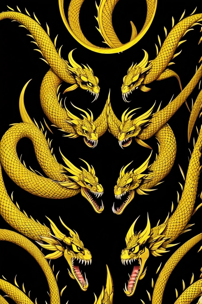 black。eight headed hydra。Put your head side by side。All-over yellow pattern。The head on the far right is holding a sword in its mouth.。The head on the far left breathes fire.。Facing forward。