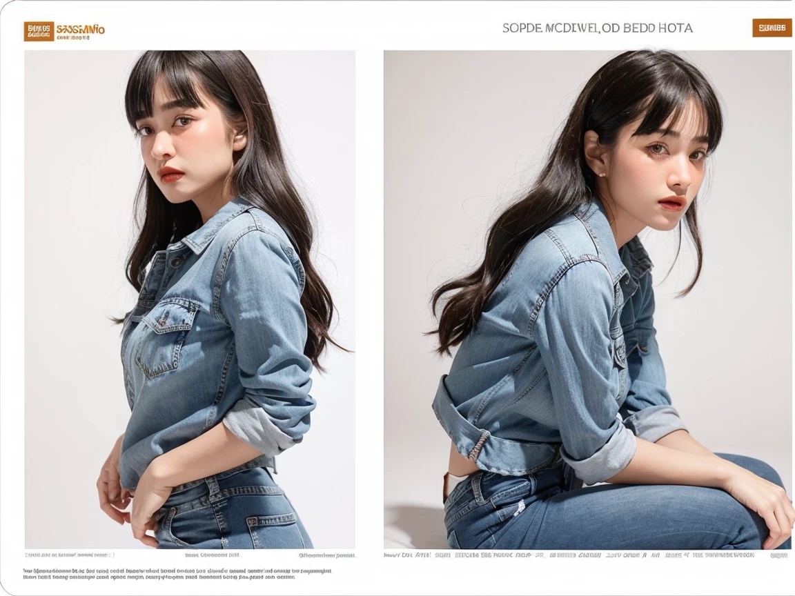Detailed character sheet, Front view, Side view, Diagonal view, with a white returnground, show women, 30 years old, with dark brown hair combed return, Wearing light casual clothing, Wearing tight denim jeans. The seat includes different angles, Front etc., return, and Side views, Model sheets and reference sheets, Full-body painting. Proportions are based on a 7.5 head scale.