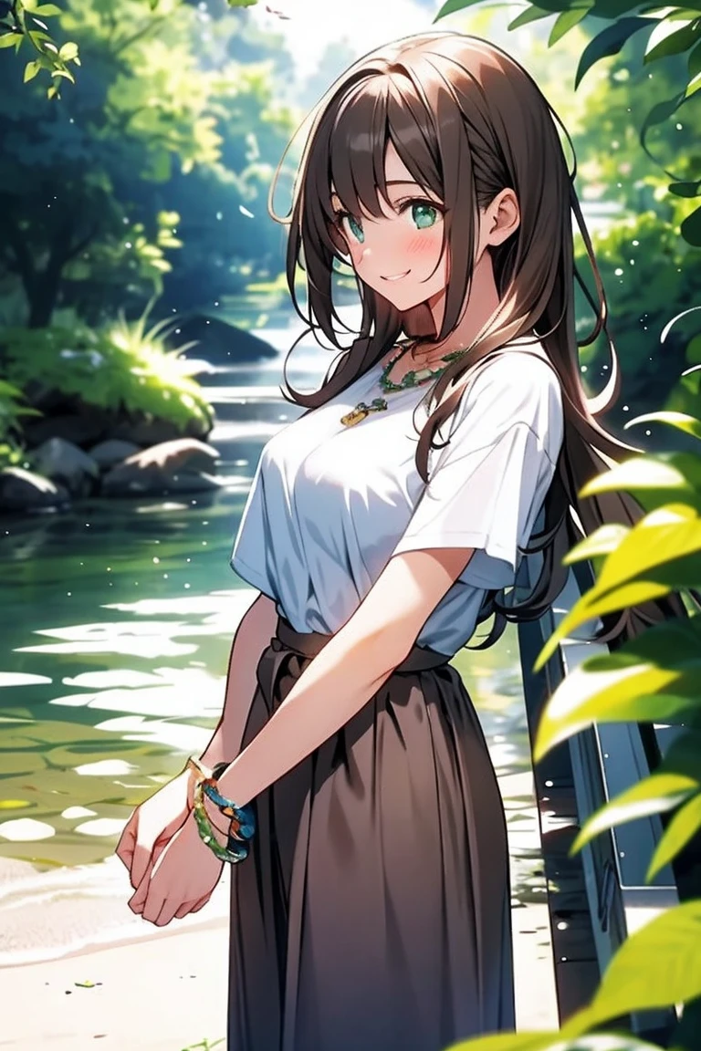 an 18-year-old girl with long, light brown hair that always appears healthy and shiny. Her large emerald green eyes radiate life and kindness, making those around her feel comfortable and accepted. Her fair skin has a natural rosy tint, reflecting her active outdoor lifestyle. She posture is upright and energetic, reflecting her helpful nature. She wearing high outfits. Her trademark warm and genuine smile brightens even the darkest days. Haruka also adorns herself with simple accessories like bracelets or necklaces, tokens of friendship from her peers.