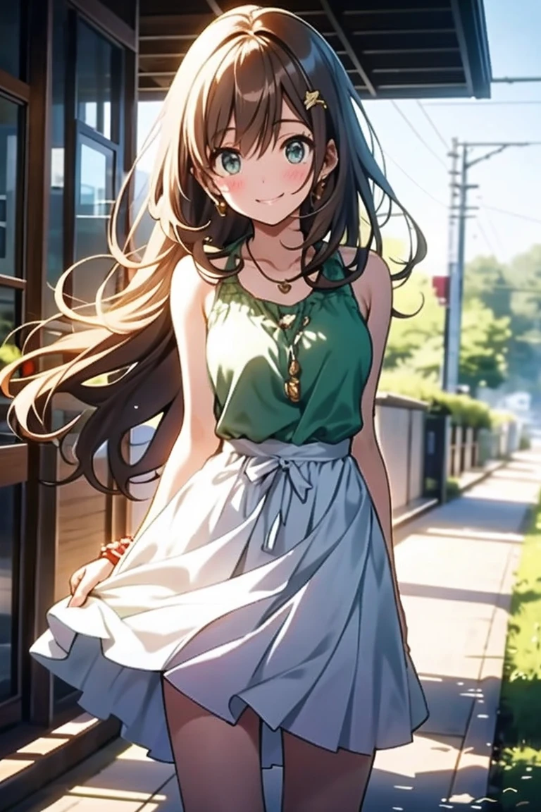 an 18-year-old girl with long, light brown hair that always appears healthy and shiny. Her large emerald green eyes radiate life and kindness, making those around her feel comfortable and accepted. Her fair skin has a natural rosy tint, reflecting her active outdoor lifestyle. She posture is upright and energetic, reflecting her helpful nature. She wearing high outfits. Her trademark warm and genuine smile brightens even the darkest days. Haruka also adorns herself with simple accessories like bracelets or necklaces, tokens of friendship from her peers.