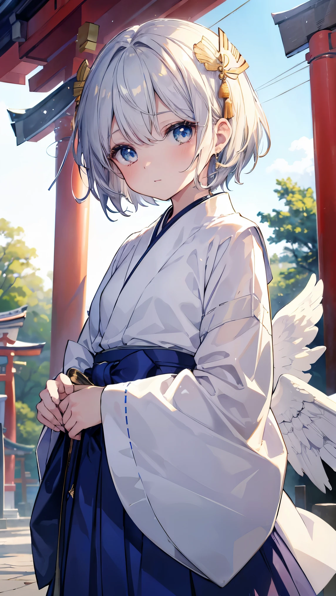short hair、gold and silver hair、Twinkling eyes、blue eyes、Three pairs of angel wings、Embarrassing、shine、reflected light、Film Grain、masterpiece、Textured skin、Super Detail、High Detail、high quality、最high quality、High resolution,shrine,blue sky,torii,Hakama,Shrine maiden