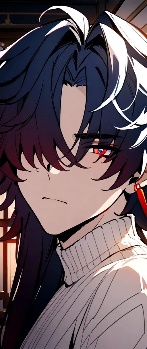 masterpiece, best quality, 1boy, male focus, blade \(honkai: star rail\), red eyes, bangs, hair bangs covered one eyes, (white sweater:1.2), upper body, portrait, looking at viewer, indoors, bedroom,