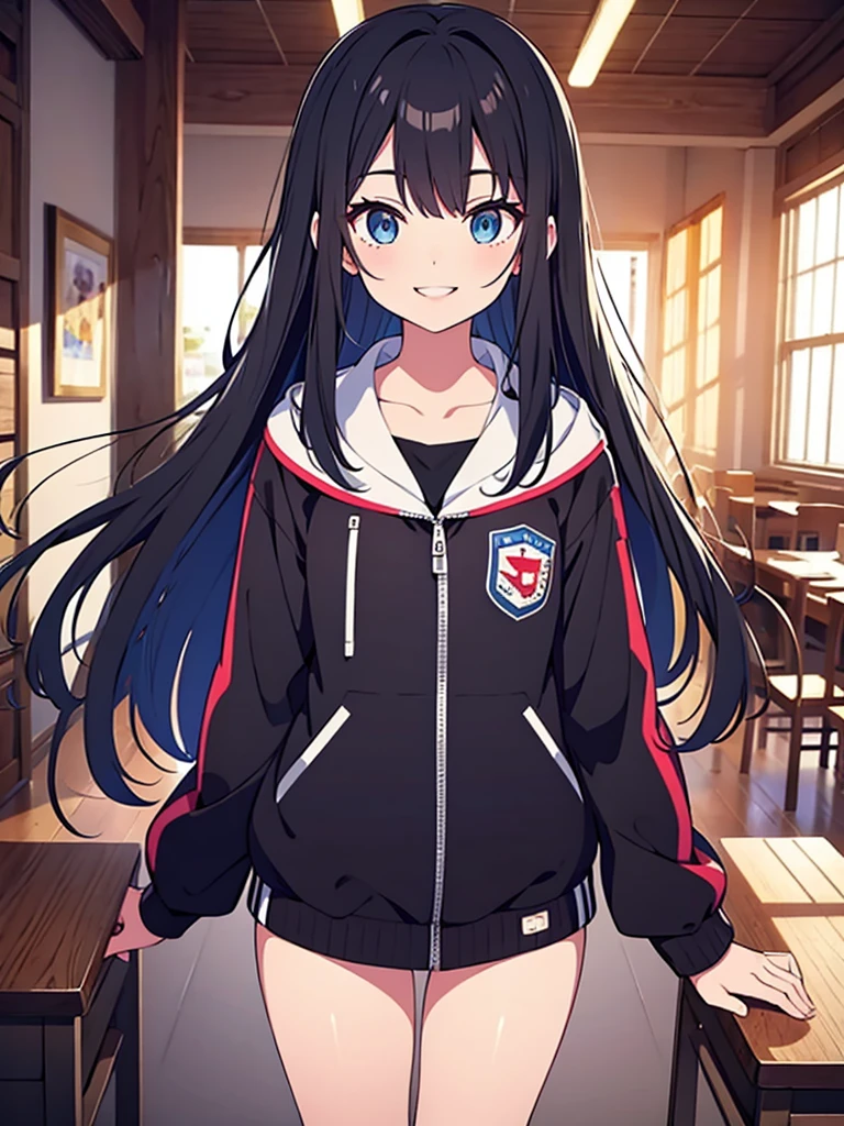Masterpiece, hd, 2d, Alice, black hair, blue eyes, long hair, wear gaming Jacket, standing, indoor, smile, happy