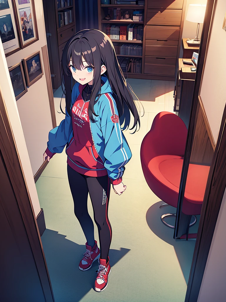 Masterpiece, hd, 2d, Alice, black hair, blue eyes, long hair, wear gaming Jacket, standing, indoor, smile, happy