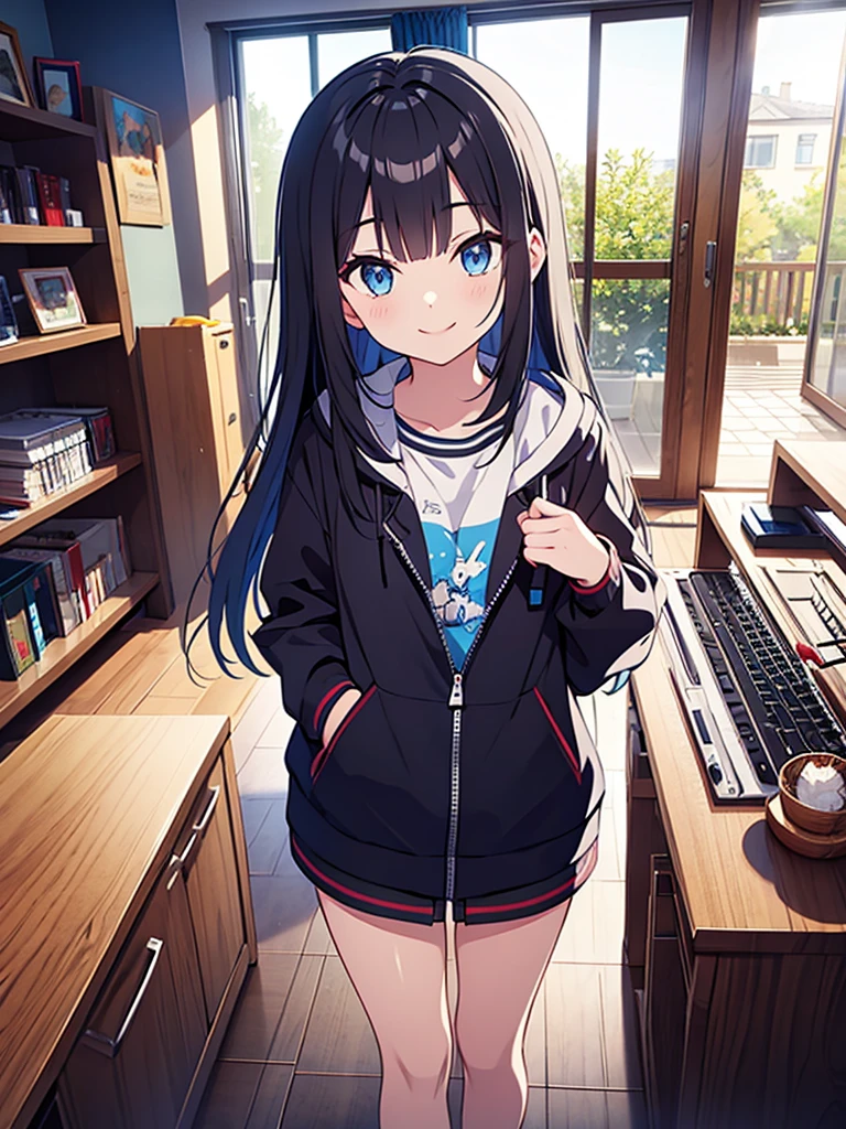 Masterpiece, hd, 2d, Alice, black hair, blue eyes, long hair, wear gaming Jacket, standing, indoor, smile, happy