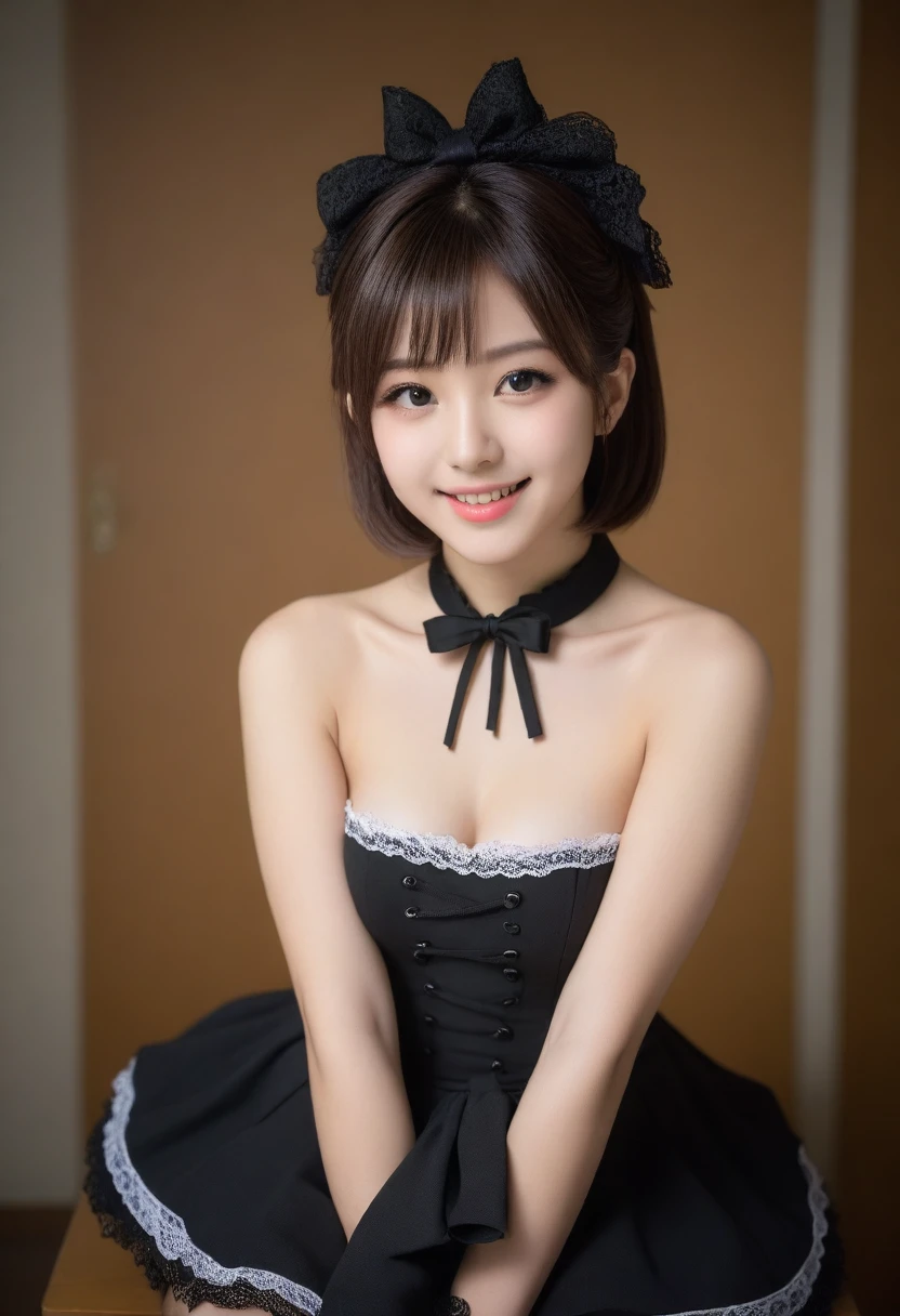 8K, Ultra-high resolution, Highest quality, masterpiece, 三分割法によるphotograph,Surreal, photograph, 1 girl, (:1.3), pretty girl, Cute face, Beautiful eyes in every detail, 細かくdetailedに,masterpiece,, One Girl:1.2, Japan Female Announcer,whole body,Young Wife,((Bondage and Gothic Lolita)),PenSkirt、Random pose,sexly,A carefree smile,Healing the heart,short hair,Looking at the audience、beauty,Long neck、Laugh a little、Please close your mouth and laugh、(((Ideal body type))),A-cup small breasts :2,、Portraiture:2、Perfect Anatomy、鮮明なdetailed、detailed、Surreal、Light and shadow,Strong light
