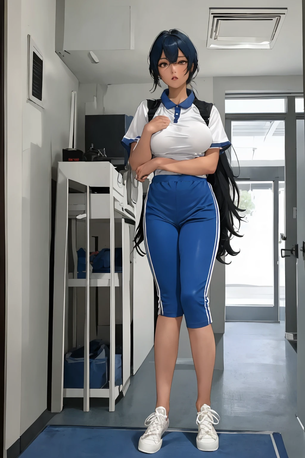 locker room, track suit, (Thin type:1.5),(large breasts), cleavage, (random hairstyle), (Highest image quality, (8K), Ultra-realistic, ((Realistic skin texture)), Best Quality, High quality, High Definition, high quality texture, high detailing, Beautiful detailed, fine detailed, extremely details CG, Detailed texture, realistic representation of face, masterpiece, presence), cute face, Manager Girl, Wearing a jersey, (ruanyi0533,blue pants,collared shirt,short sleeves,striped,sneakers,white shirt).