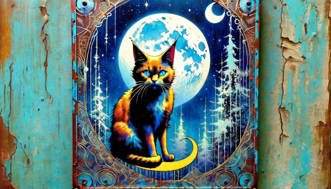 decorative rusty metal sign with a drawing of a satanic cat and a moon, artwork inspired by Bill Sienkiewicz, vivid colors, intricate details, oil. blue tone