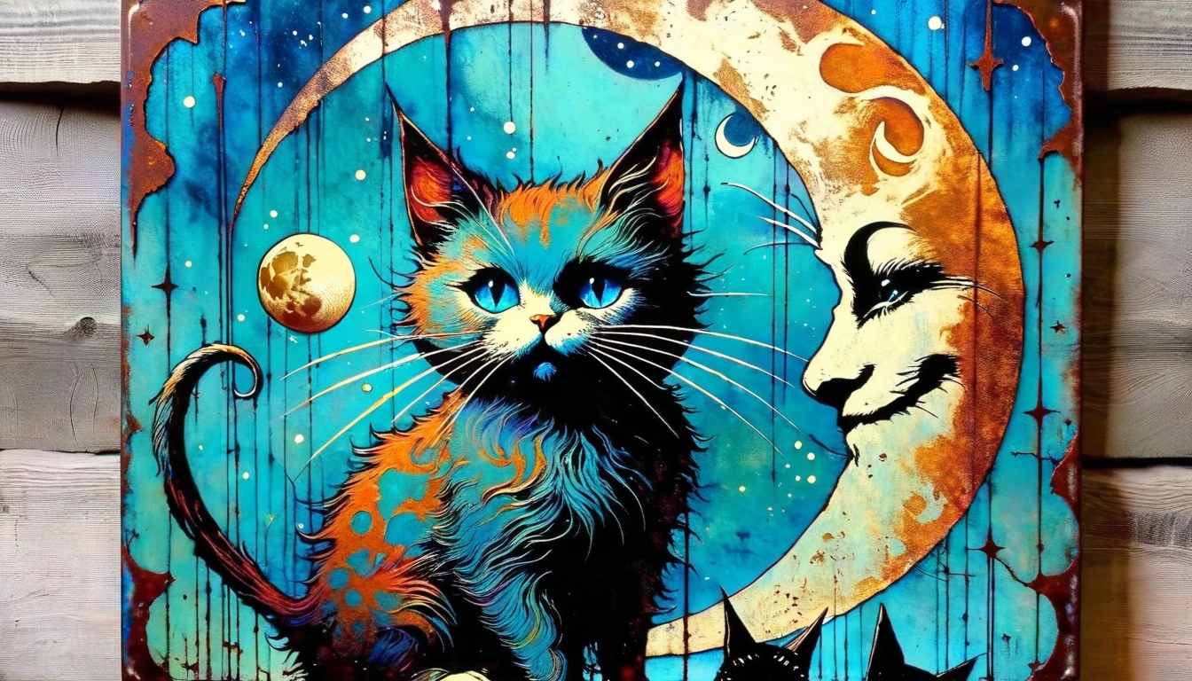 decorative rusty metal sign with a drawing of a satanic cat and a moon, artwork inspired by Bill Sienkiewicz, vivid colors, intricate details, oil. blue tone
