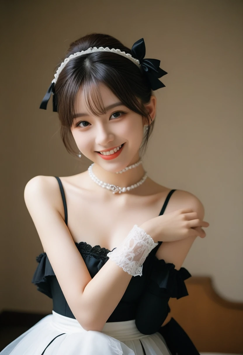 1 Nogizaka Musume、very cute、beautiful girl、19 years old、(Gothic Fashion)、Beautiful Face, Exquisite eye and skin detail、Fine, shiny black hair、Elegant frills、Frilled tie、Ribbon tie、Rose Hair Accessories、(Smiling for the camera)、(Cowboy Shot)、(European Seas)、Professional Lighting、break、(Realistic、Photorealistic:1.37)、8k、(masterpiece)、(highest quality:1.4)、(Ultra-high resolution:1.2)、 (RAW Photos:1.2)、(Delicate lace、Soft fabric、beautiful rose pattern dress)、Perfect Anatomy、Four fingers and a thumb、Seaside Background、(Wallpaper by Unity 8k)