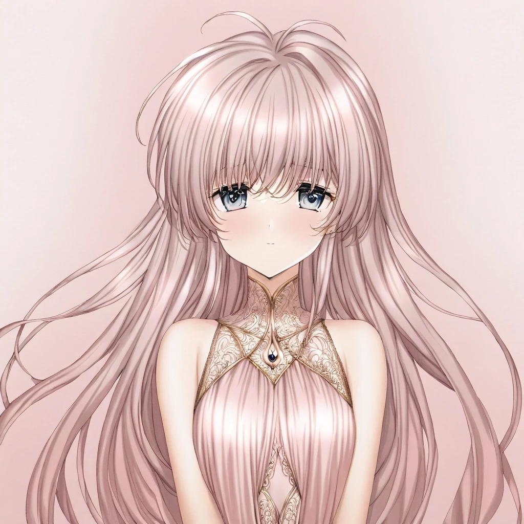A portrait of a woman with long flowing hair, dressed in a luxurious silk dress with intricate details. The background is a soft, pastel gradient of pink, blue, and grey, creating a sense of elegance and mystery. Her eyes are captivating, with a hint of sadness and a mysterious depth.
