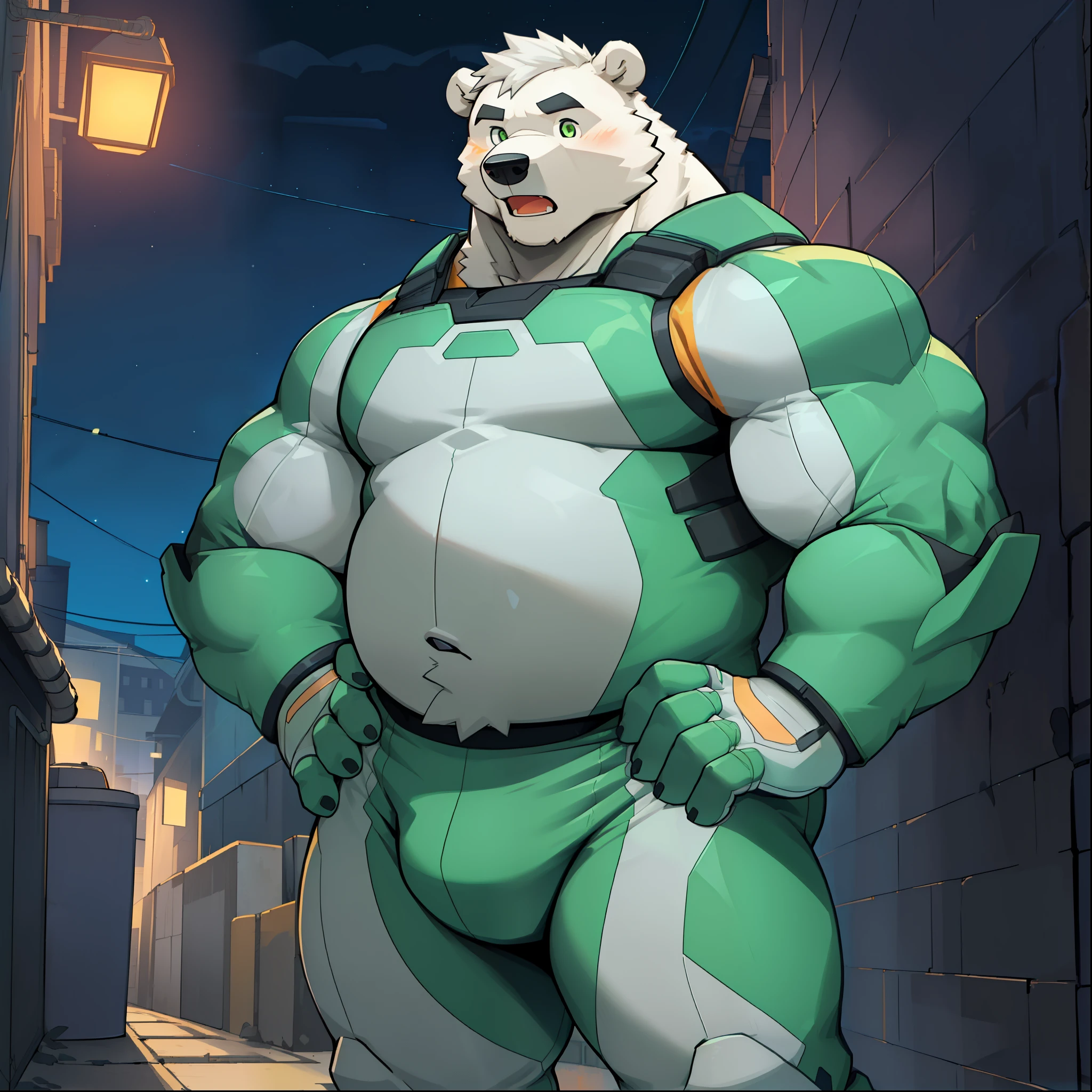 masterpiece, best quality, 8k resolution, Very detailed, hairy，(((Polar Bear)),(((Strong)))，(((White hair)))，portrait，(((White hairall over body)))，(((With orange)))，(((outdoor)))，For the audience，(((Light Green Hero Bodysuit)))，Highest quality scenes，solitary，(((whole body)))，(((Hands on hips)))，(((Alley)))，(((surprise)))，((Fat-wrapped muscles))，(((Father)))，(((Round Face)))，(((Solitary)))，(((Strong body)))，(((Bulging buttocks)))，(((Night)))