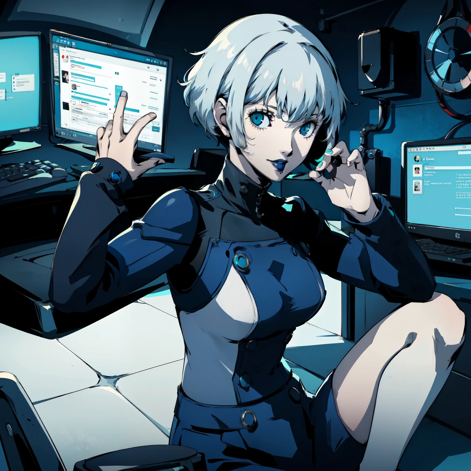 masterpiece, ((best quality)),((1 girl)), blue eyes, black lipstick, aqua hair, female , tomboy Pixie haircut, deep blue suit, white hair, white hair,smiling,hacker,in the,dark room,sitting,looking monitor,sexy
