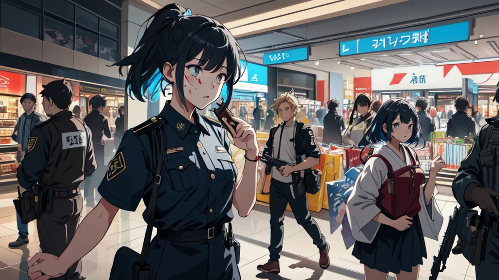 a group of people - showcasing Mall security guards with guns drawn, looking confused and unsure.colorful flat illustration classical animes, Cinematic, high-definition flat anime-style illustration  inside of Blood splatters against the walls, creating a nightmarish scene in a crowded shopping mall. A dynamic sequence draw art style influenced by japanese artists, niji, black outlines, ultra-detailed, 8k, dramatic lighting, cinematic, highly detailed face, elegant, intricate details, vibrant colors, dramatic shadows, hyper-realistic, masterpiece,