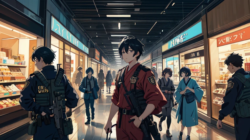 a group of people - showcasing Mall security guards with guns drawn, looking confused and unsure.colorful flat illustration classical animes, Cinematic, high-definition flat anime-style illustration inside of Blood splatters against the walls, creating a nightmarish scene in a crowded shopping mall. A dynamic sequence draw art style influenced by japanese artists, niji, black outlines, ultra-detailed, 8k, dramatic lighting, cinematic, highly detailed face, elegant, intricate details, vibrant colors, dramatic shadows, hyper-realistic, masterpiece,