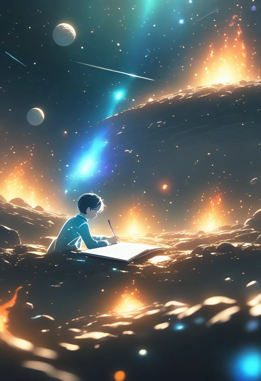 Drawing a young programmer, Sitting on a floating research platform in the middle of an asteroid belt. He is studying using a notebook, Surrounded by several asteroids that emit a fiery aura. Dramatic light from distant stars and planets illuminates the scene, Cast a deep shadow on the suit. Young people seem confident and determined, Gaze with wonder and reverence at the vast and mysterious universe,Facial hair, Cowboy Shot,