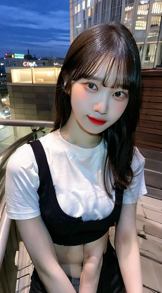 ((Midnight, Highest quality, 8K, masterpiece :1.3)), whole body, Long legs, Sharp focus :1.2, Beautiful woman with perfect figure :1.4, Slim Abs :1.1, ((Dark brown hair, Big Breasts :1.2)), (White tight T-shirt, Jean Bib, Are standing:1.2), ((Night city view, rooftop:1.3)), Highly detailed face and skin texture, Fine grain, double eyelid
