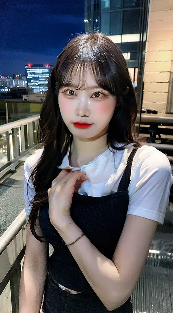 ((Midnight, Highest quality, 8K, masterpiece :1.3)), whole body, Long legs, Sharp focus :1.2, Beautiful woman with perfect figure :1.4, Slim Abs :1.1, ((Dark brown hair, Big Breasts :1.2)), (White tight T-shirt, Jean Bib, Are standing:1.2), ((Night city view, rooftop:1.3)), Highly detailed face and skin texture, Fine grain, double eyelid