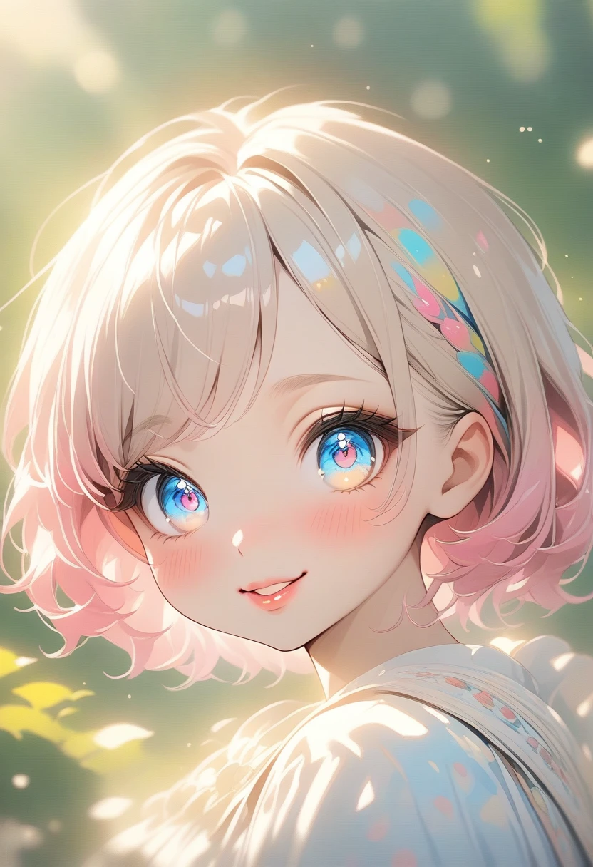 masterpiece, Highest quality, masterpiece, God-like quality, Godly art, Highly detailed face, Very realistic, cute, Young girl, smile, Big eyes, Long eyelashes, Multicolored Hair, Variegated eyes, Shiny skin, Fuller lips, Big Lips, Shiny skin, Blushing, Nice views