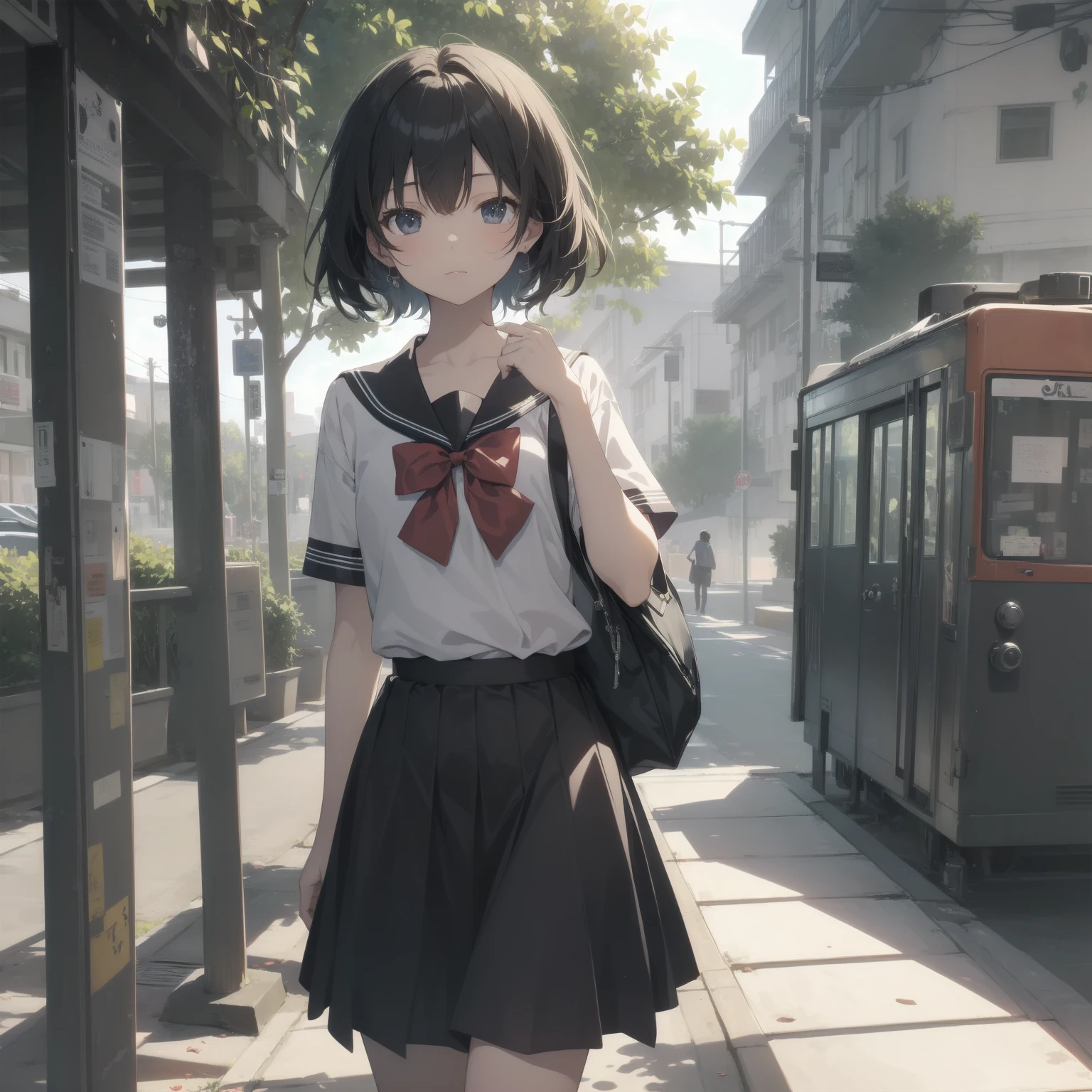 ultra-absurdres-Top quality by artist God, ultra-detailed, high resolution, anime moe artstyle, best anime 8k konachan wallpaper, pixiv contest winner, pool:2810, perfect anatomy,break, 1girl, (Please draw a girl walking sleepily to school alone. )break,(Solo,little female, 13-year-old:1.3),Full limbs, complete fingers,a junior high school student, (very short hair), short cut, flat chest, , small butt, small black eyes, beautiful detailed eyes, well-proportioned iris and pupils, expressive eyes, highres detailed hair, soft expression, salor school_uniform, sailor collar, serahuku, bow, pleated skirt,(Detailed Lighting), (Detailed background), in the School commute route. break,super detailed skin, Best cinematic lighting powered by famous artist, 8k,beauty illustration,photoshop_(medium),very aesthetic,break,((artist:wa_(genryusui) )), artist:clamp ,artist:carnelian ,artist:kantoku ,