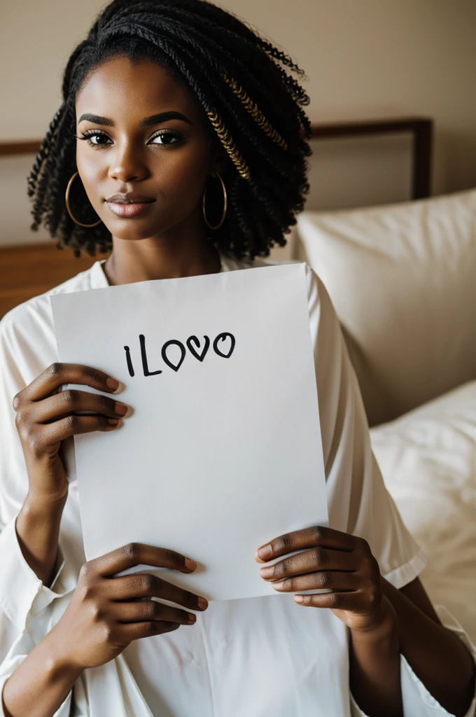 Beautiful black Woman holding a paper written I love you y,all