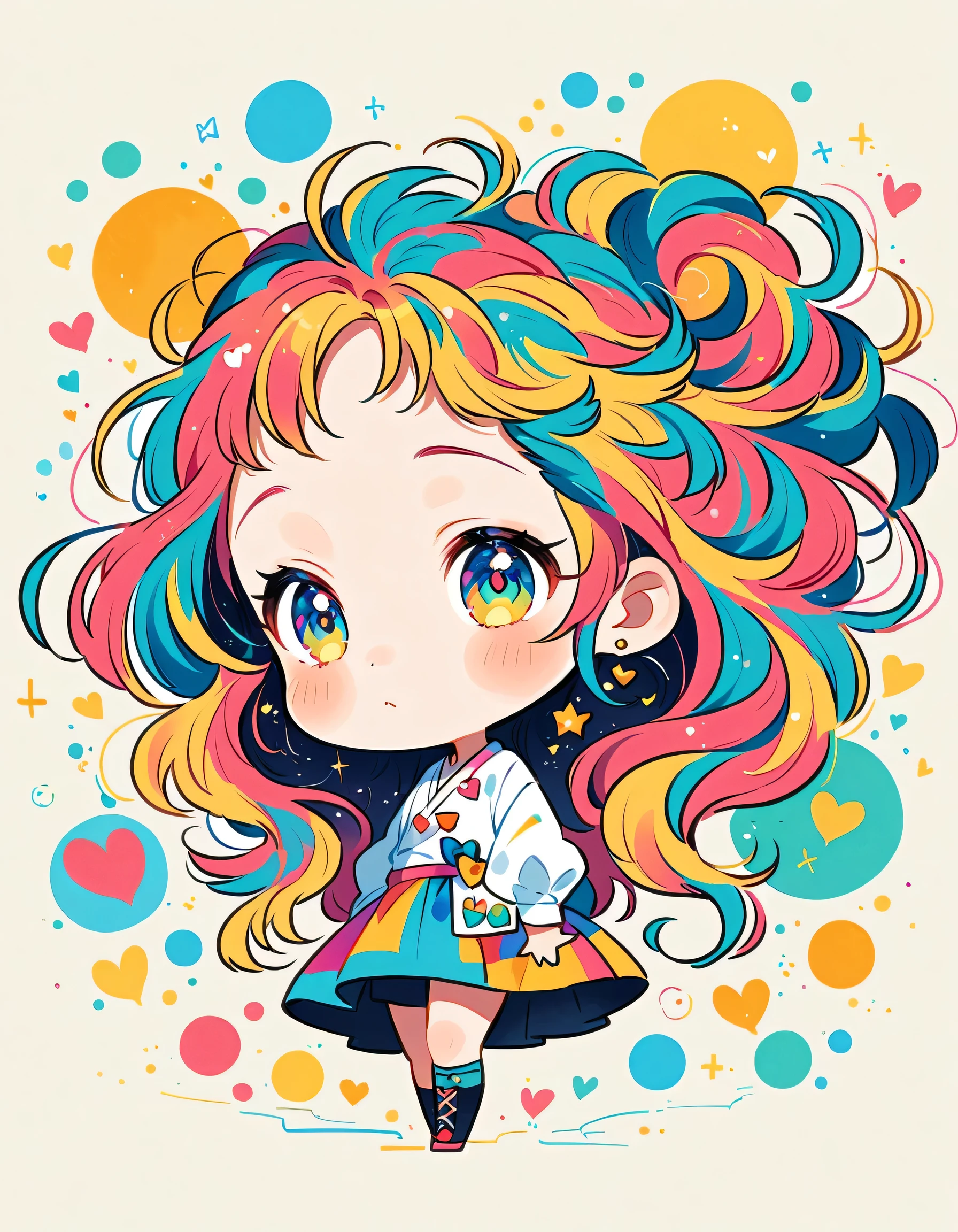 Mika Pikazo style, Simple Line Initialism,Abstract art,Urban Background, colorful hearts ,(((The most beautiful girl of all time))), (((chibi))), Cute amoeba