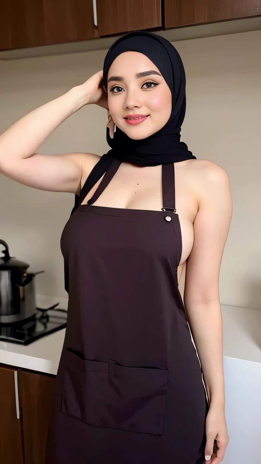 top-quality,Beautiful detailed hijabi,Bewitching face,beauty Mongol model,long lashes,Wearing a colorful naked_apron, kitchen background detailed,Detailed details,sideboobs, big breast ,stares at the camera, smile, all body shoot,  showing her hairy armpit, dark hairy pussy, 